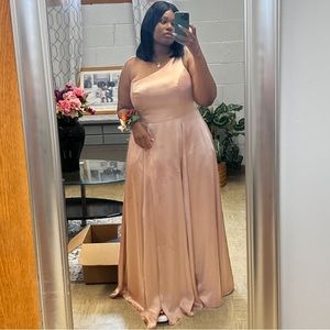 one-shoulder draped charmeuse bridesmaid dress David’s bridal